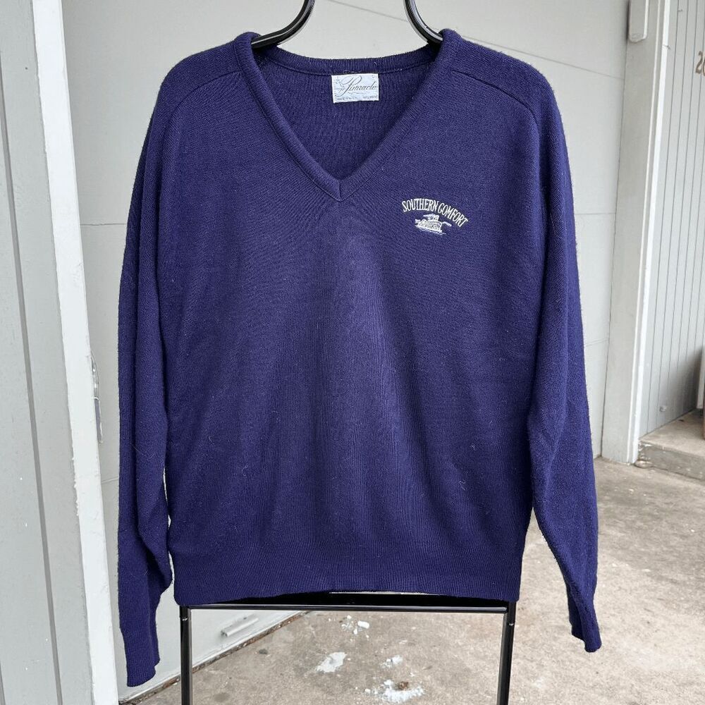 Vintage 1980s Pinnacle Southern Comfort V-Neck Sweater Navy Blue Size L USA Made